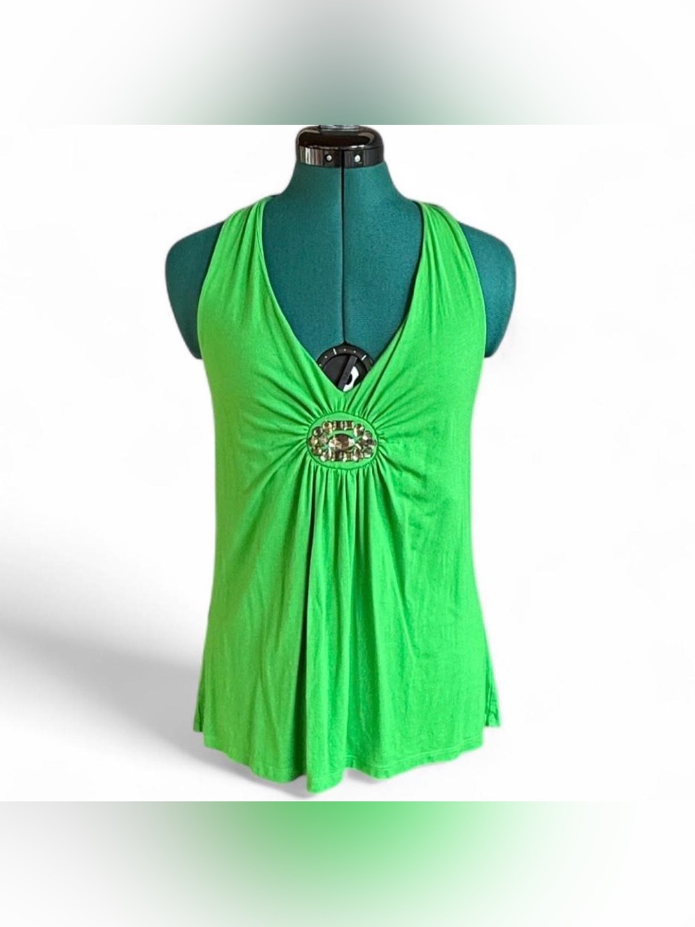 INC International Concepts Lime Green V-Neck Halter Tank with Jeweled Ring